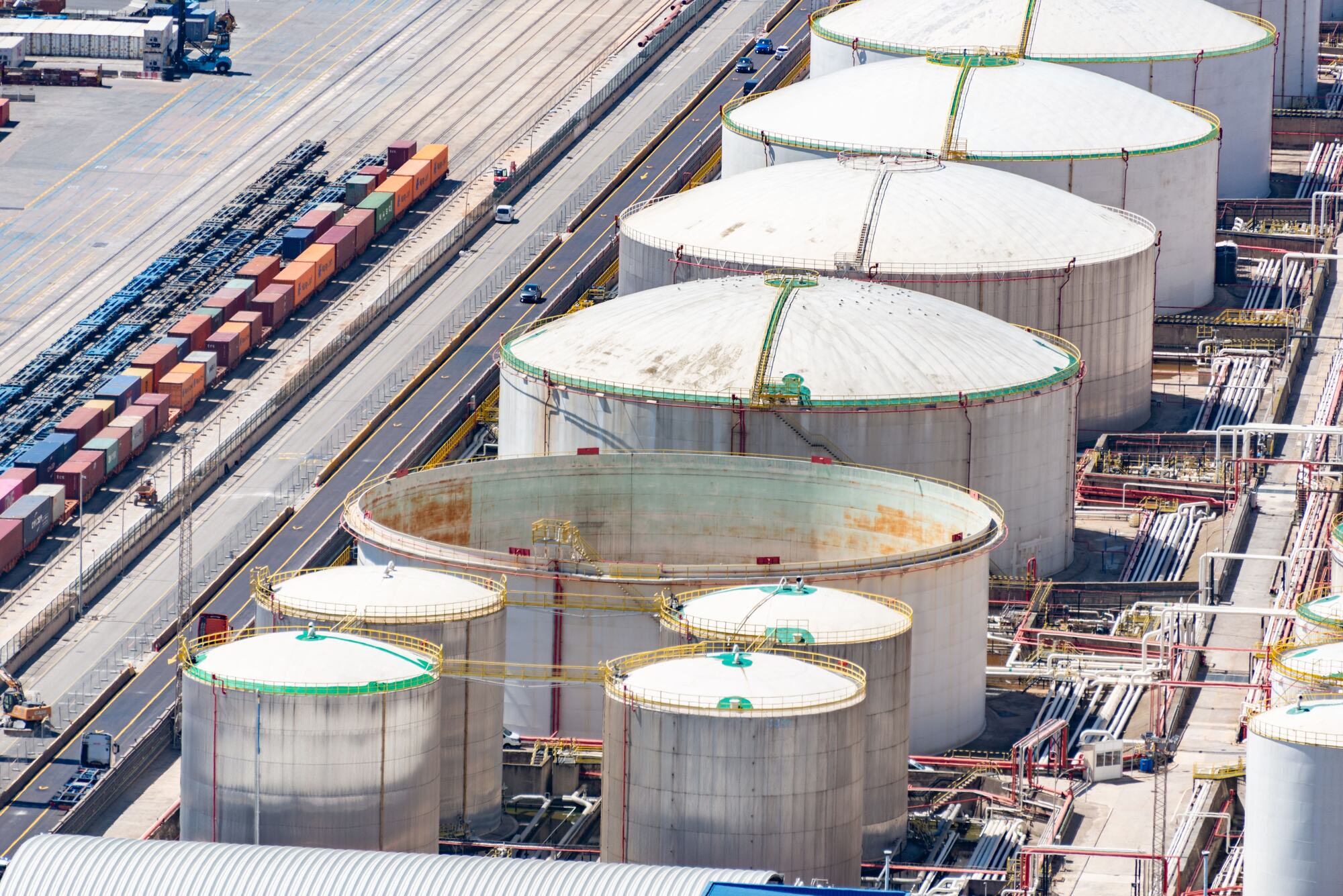 Aerial oil storage tanks at a fuel depot